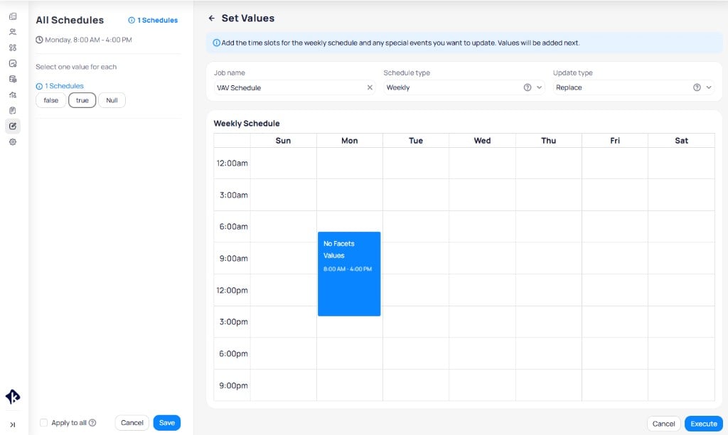 Set Values page with a time slot created on Monday and the left panel showing schedule groups with value options