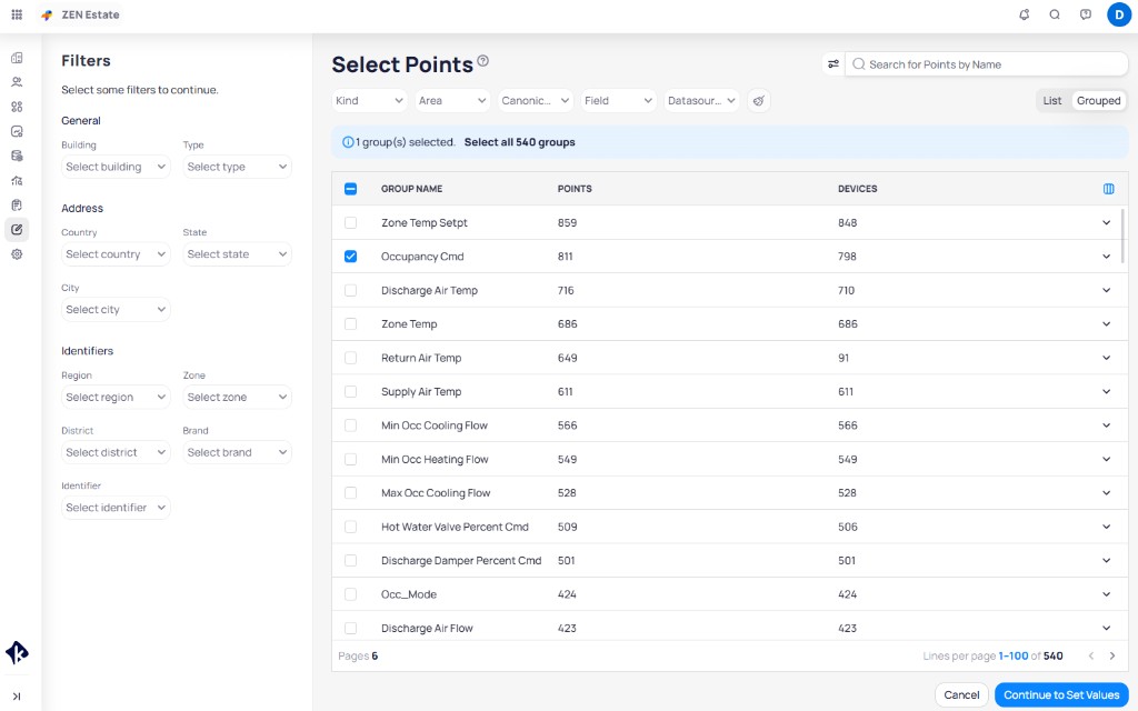 Select Points page showing filter panel, grouped points table with point and device counts, and List and Grouped view toggle