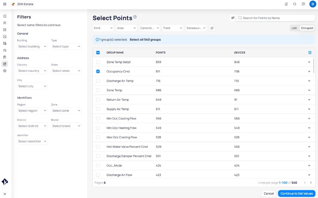 Select Points page showing filter panel, grouped points table with point and device counts, and List and Grouped view toggle