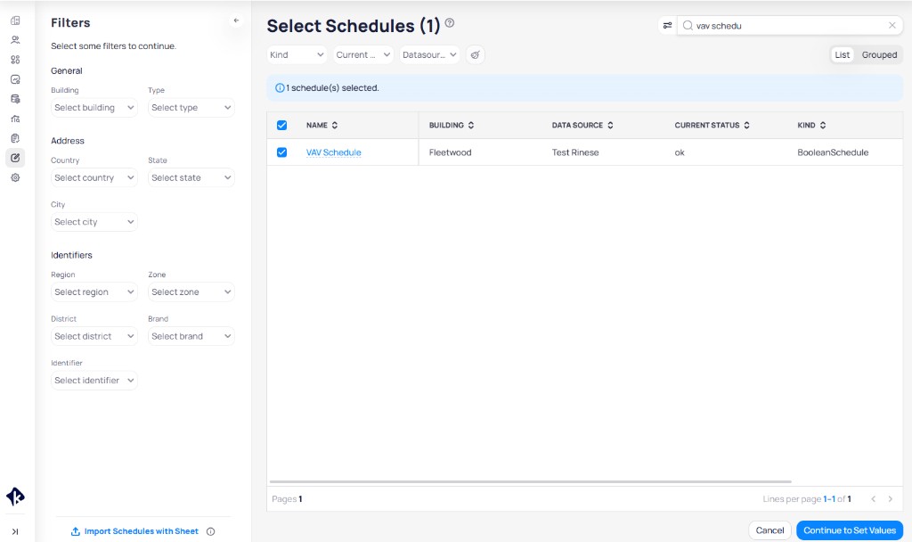 Select Schedules page with one schedule selected, showing the selection count in the header
