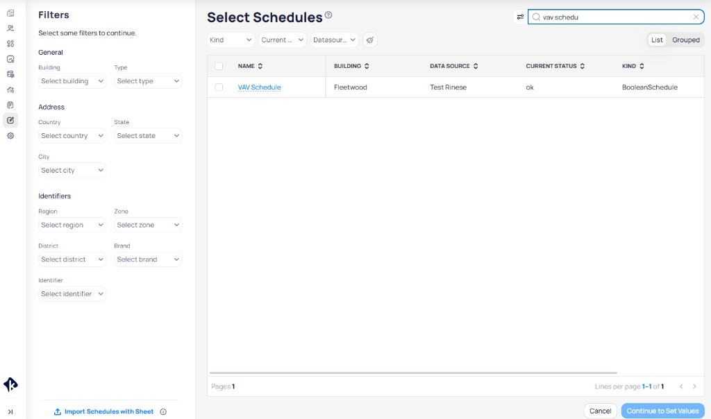 Select Schedules page showing filter panel with building, address, and identifier filters, and a schedule list with name, building, data source, status, and kind columns