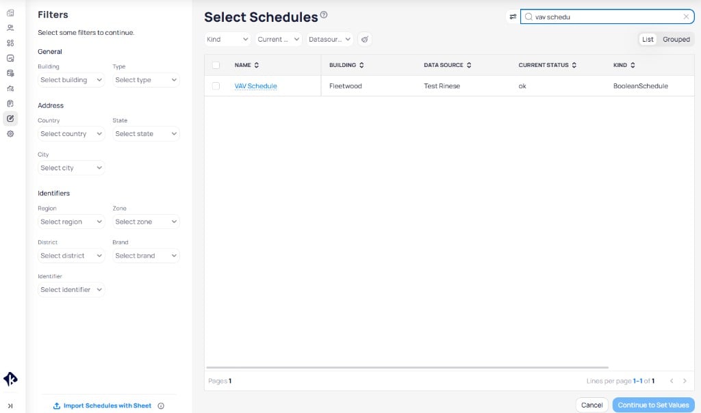 Select Schedules page showing filter panel with building, address, and identifier filters, and a schedule list with name, building, data source, status, and kind columns