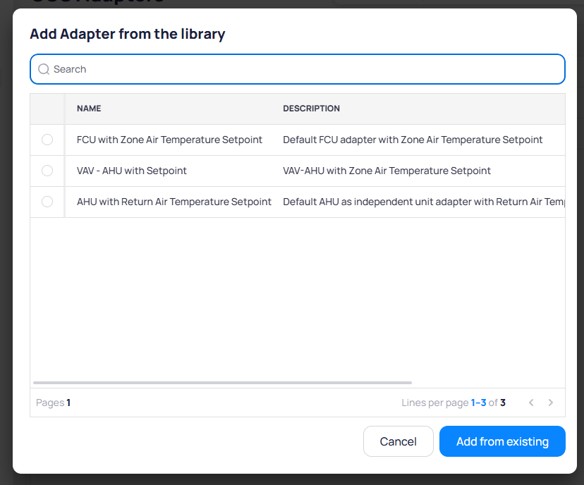 Add Adapter from the library dialog showing three templates: FCU with Zone Air Temperature Setpoint, VAV - AHU with Setpoint, and AHU with Return Air Temperature Setpoint, each with name and description columns