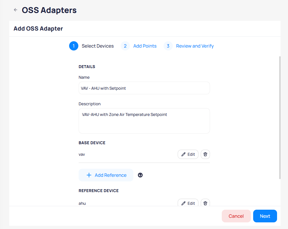 Add OSS Adapter step 1 Select Devices showing Name field with VAV - AHU with Setpoint, Description field, Base Device set to vav with Edit and delete options, Add Reference button, and Reference Device set to ahu