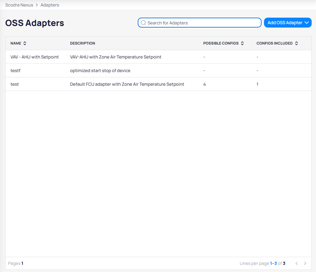 OSS Adapters page showing three adapters: VAV - AHU with Setpoint, testf, and test, with columns for Name, Description, Possible Configs, and Configs Included
