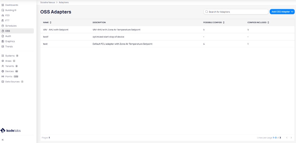 OSS Adapters page showing VAV - AHU with Setpoint adapter with 5 possible configs and 5 configs included, testf with no configs, and test with 4 possible configs and 1 config included