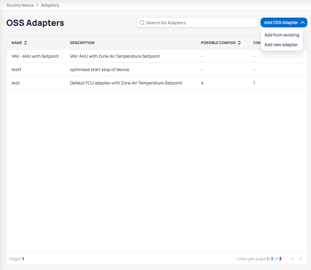 Add OSS Adapter dropdown showing Add from existing and Add new adapter options