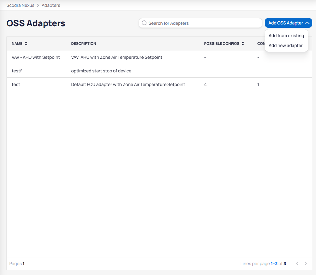 Add OSS Adapter dropdown showing Add from existing and Add new adapter options