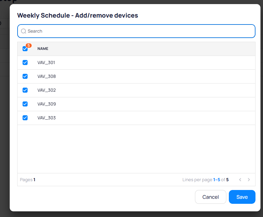 Weekly Schedule Add/remove devices dialog showing five VAV devices (VAV_301, VAV_308, VAV_302, VAV_309, VAV_303) all selected with checkboxes, a search field, and Cancel and Save buttons