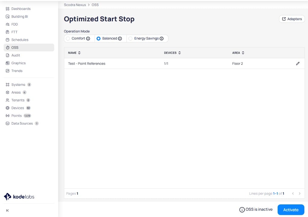Optimized Start Stop page showing Operation Mode with Comfort, Balanced, and Energy Savings options, Balanced selected, an adapter named Test - Point References with 1/1 devices in Floor 2, an edit icon, and OSS is inactive status with Activate button