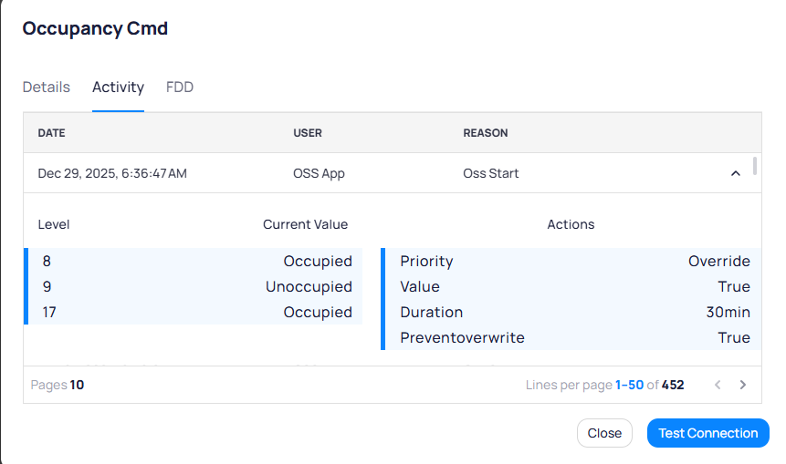Occupancy Cmd point activity log showing an OSS App entry dated Dec 29 2025 with reason Oss Start, levels 8 Occupied, 9 Unoccupied, and 17 Occupied, with Actions showing Priority Override, Value True, Duration 30min, and Preventoverwrite True