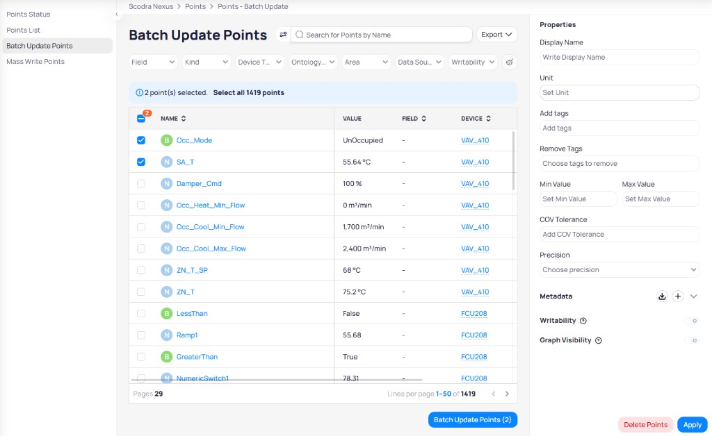 Batch Update Points page with filter row for Field, Kind, Device Type, Ontology Type, Area, Data Sources, and Writability, two points selected in the table, and Properties panel on the right showing Display Name, Unit, Add tags, Remove Tags, Min and Max Value, COV Tolerance, Precision, Metadata, Writability, and Graph Visibility fields