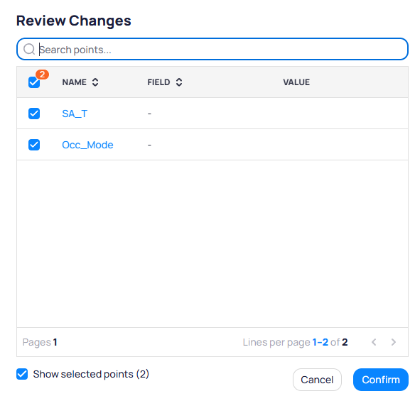 Review Changes dialog with Show selected points checked, displaying a table with NAME, FIELD, and VALUE columns listing SA_T and Occ_Mode, plus Cancel and Confirm buttons