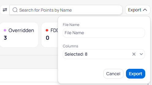 Export dialog with File Name text field, Columns dropdown showing Selected 8, and Cancel and Export buttons