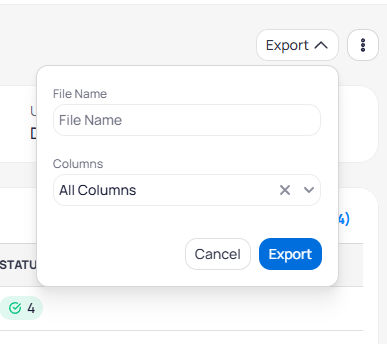 Export dialog with File Name field and Columns dropdown set to All Columns