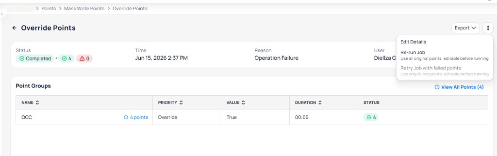 Job details three-dot menu showing Edit Details, Re-run Job, and Retry Job with failed points options