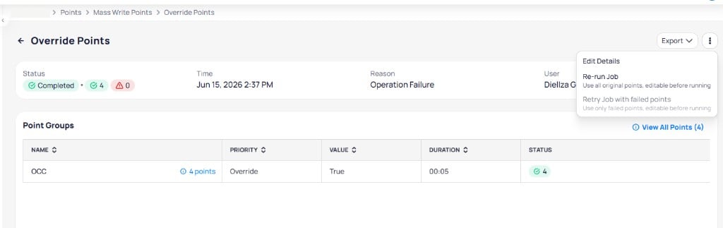 Job details three-dot menu showing Edit Details, Re-run Job, and Retry Job with failed points options