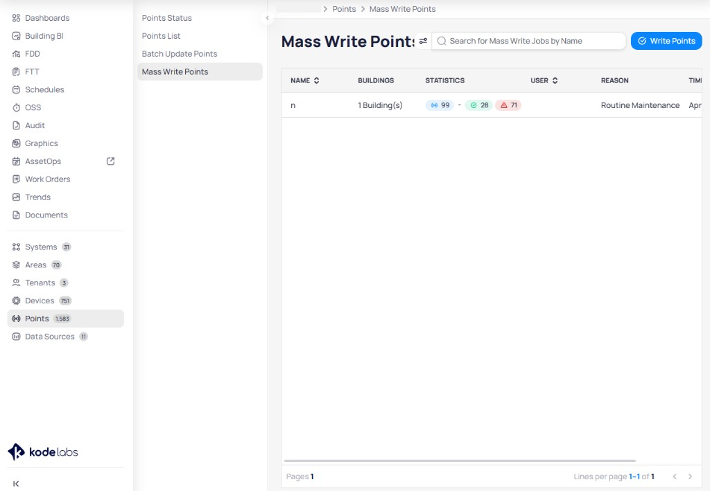 Mass Write Points page at building level with job list showing Name, Buildings, Statistics, User, Reason, and Time columns, search bar, and Write Points button