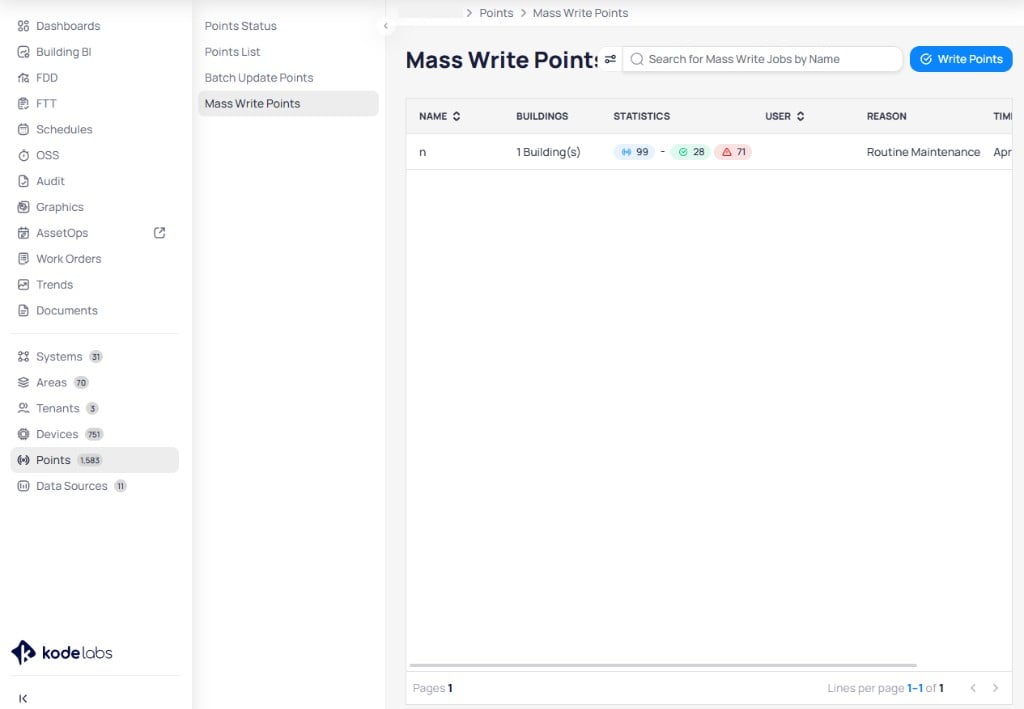 Mass Write Points page at building level with job list showing Name, Buildings, Statistics, User, Reason, and Time columns, search bar, and Write Points button