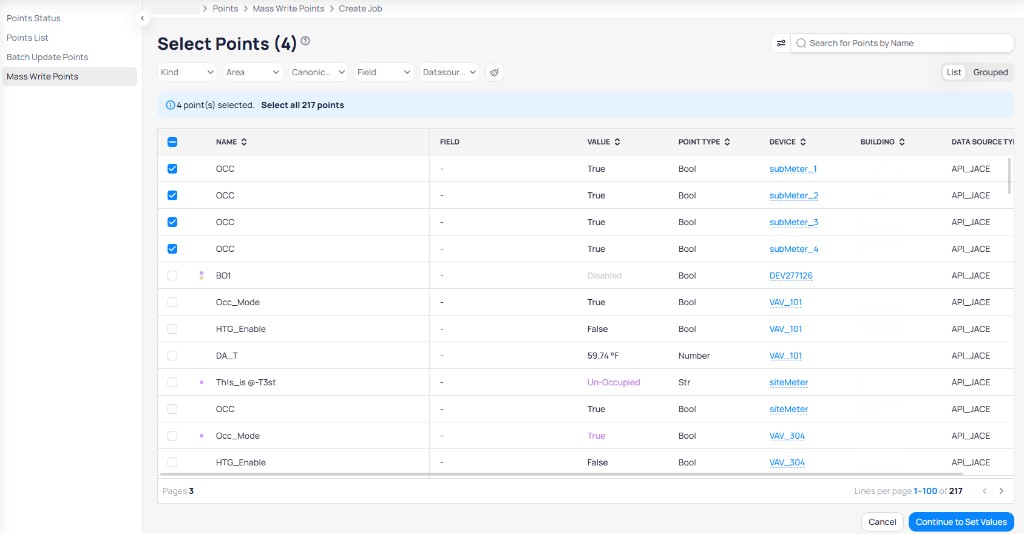 Select Points page at building level with Kind, Area, Canonical, Field, and Datasource filters, four points selected, Select all link, and point table with Name, Value, Point Type, Device, and Data Source Type columns