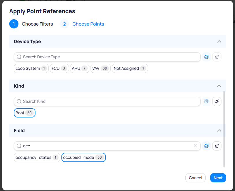 Apply Point References dialog showing Device Type, Kind filter with Bool selected showing 50 points, and Field filter with occ search showing occupancy_status and occupied_mode options