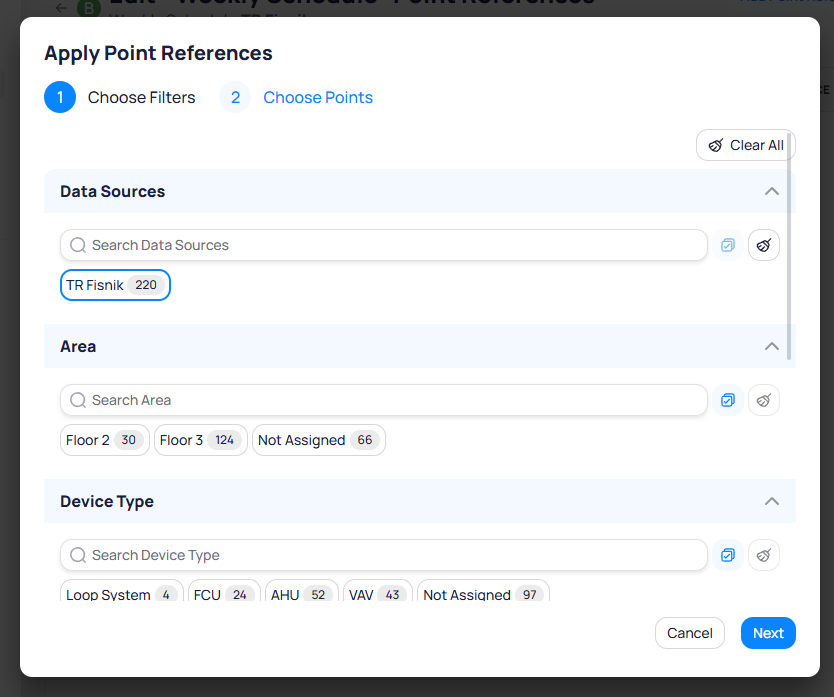 Apply Point References dialog showing step 1 Choose Filters with Data Sources filter showing TR Fisnik with 220 points, Area filter with Floor 2, Floor 3, and Not Assigned options, and Device Type filter with Loop System, FCU, AHU, VAV, and Not Assigned options