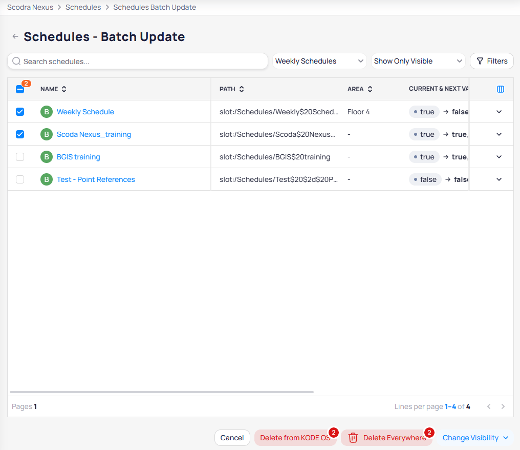 Schedules Batch Update page with Weekly Schedule and Scoda Nexus_training selected, showing Name, Path, Area, and Current and Next Value columns, with Cancel, Delete from Cloud BMS, Delete Everywhere, and Change Visibility buttons at the bottom