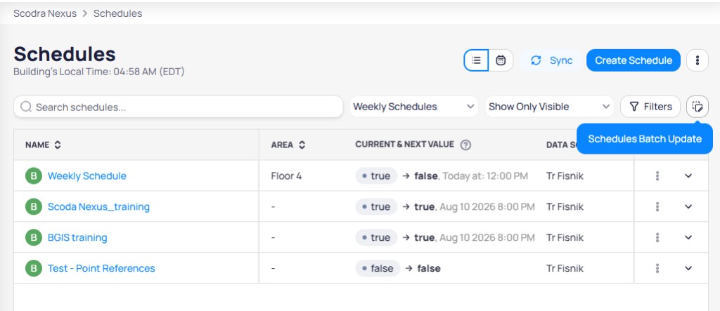 Schedules list with the batch update icon highlighted in the toolbar showing a Schedules Batch Update tooltip