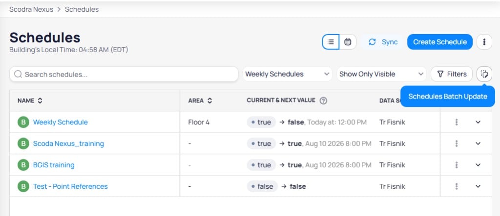 Schedules list with the batch update icon highlighted in the toolbar showing a Schedules Batch Update tooltip