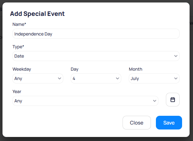Add Special Event dialog with Name set to Independence Day, Type set to Date, Weekday set to Any, Day set to 4, Month set to July, and Year set to Any