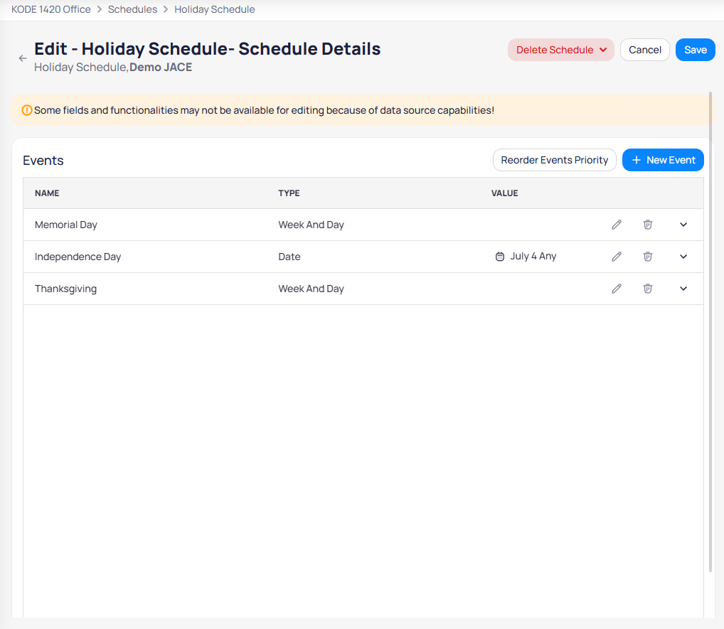 Holiday Schedule events list showing Memorial Day (Week And Day), Independence Day (Date, July 4 Any), and Thanksgiving (Week And Day), with Reorder Events Priority button and edit/delete icons