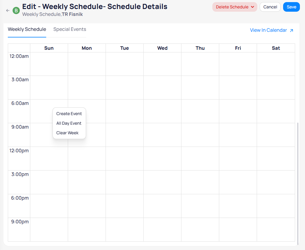 Weekly schedule calendar grid showing Sunday through Saturday with time slots from 12:00am to 9:00pm, and a right-click menu with Create Event, All Day Event, and Clear Week options