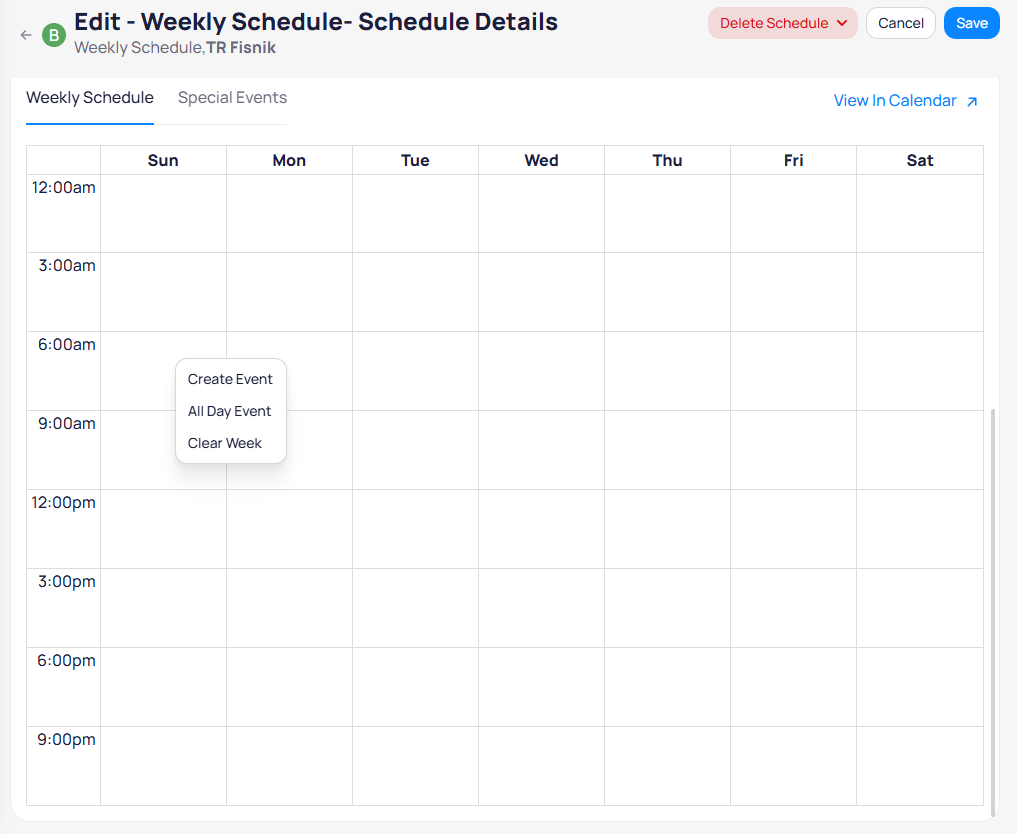Weekly schedule calendar grid showing Sunday through Saturday with time slots from 12:00am to 9:00pm, and a right-click menu with Create Event, All Day Event, and Clear Week options
