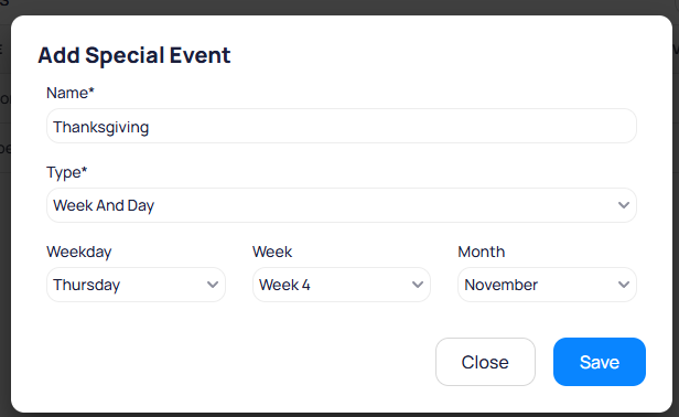 Add Special Event dialog with Name set to Thanksgiving, Type set to Week And Day, Weekday set to Thursday, Week set to Week 4, and Month set to November
