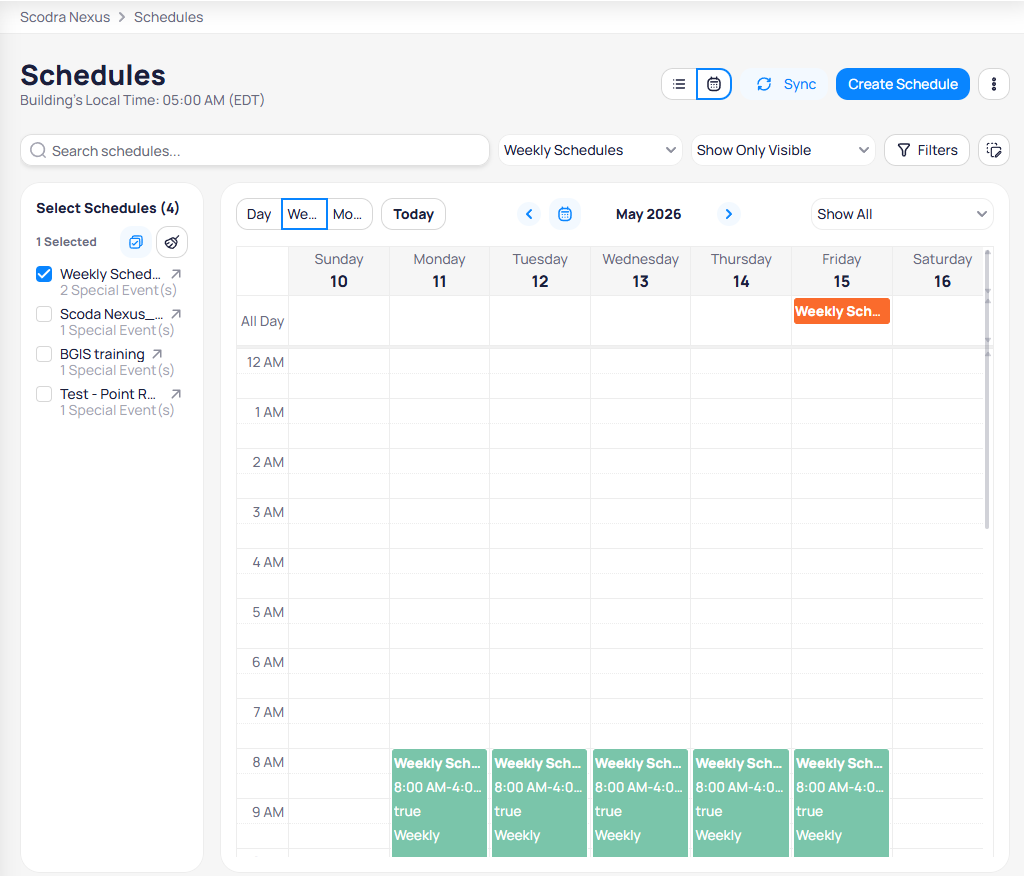 Calendar view showing May 2026 in week view with Weekly Schedule selected, displaying green event blocks from 8:00 AM to 4:00 PM Monday through Friday with value true, and a Friday all-day special event in orange