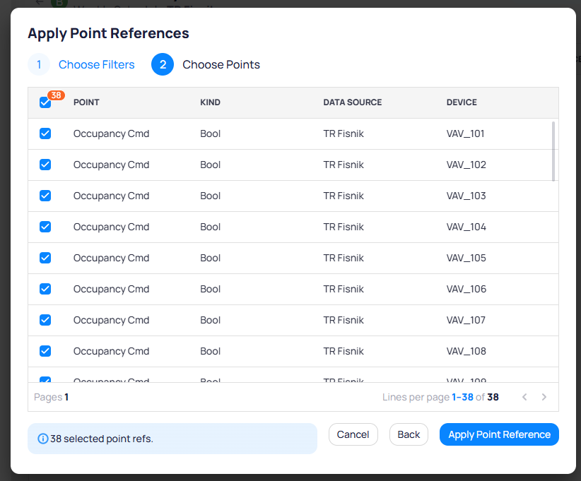 Apply Point References step 2 showing 38 selected Occupancy Cmd points of kind Bool from TR Fisnik data source across VAV_101 through VAV_109 devices, with an Apply Point Reference button