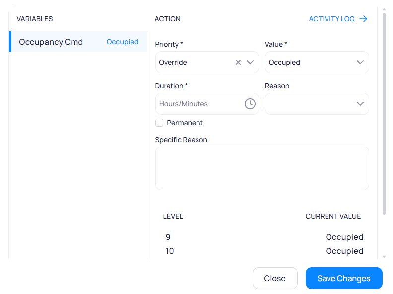 Command panel showing Occupancy Cmd variable with Occupied value, Action section with Priority set to Override, Value set to Occupied, Duration, Reason, Permanent checkbox, and Specific Reason fields, and Level 9 and 10 both showing Occupied as current value