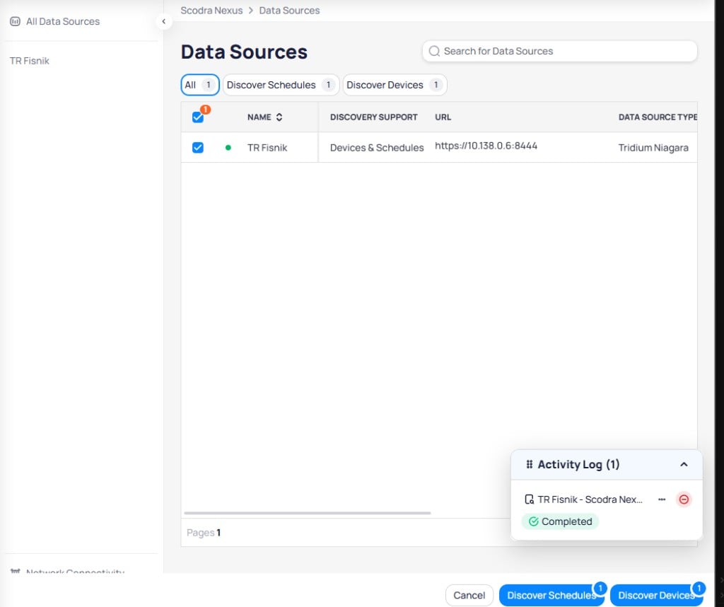 Data Sources page showing TR Fisnik data source with Devices and Schedules discovery support, Tridium Niagara type, and Activity Log showing Completed status, with Discover Schedules and Discover Devices buttons