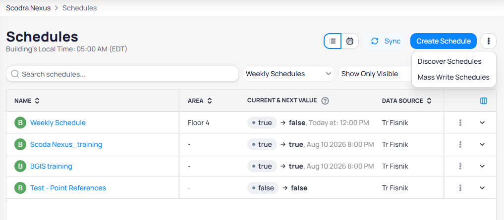 Schedules list with the three-dot menu open showing Discover Schedules and Mass Write Schedules options