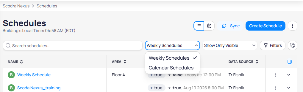 Schedules list with the type filter dropdown open showing Weekly Schedules selected with a checkmark and Calendar Schedules as an alternative option