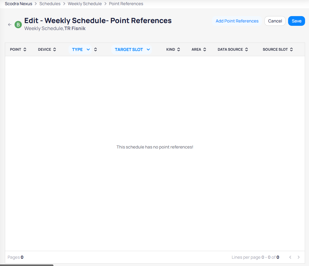 Edit mode for Point References showing the Add Point References link, with Point, Device, Type, Target Slot, Kind, Area, Data Source, and Source Slot columns