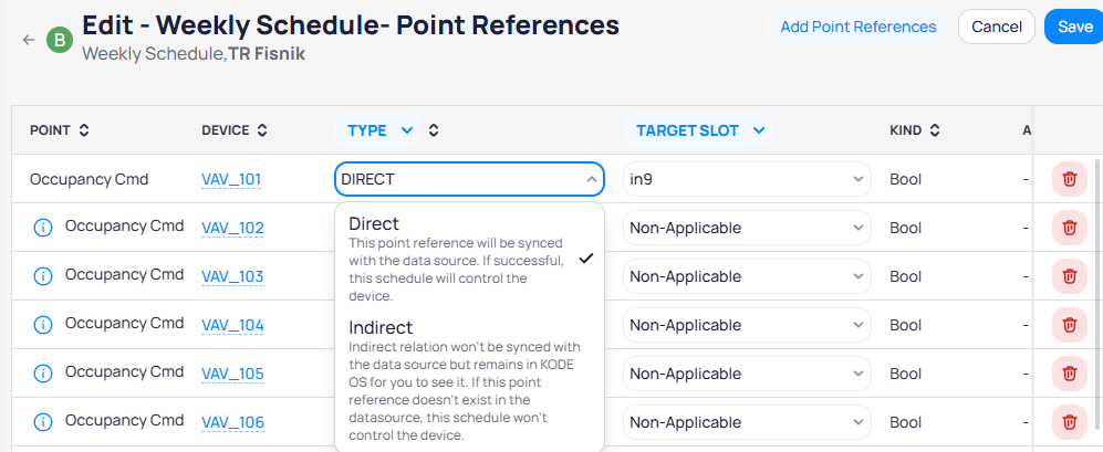 Type dropdown showing Direct option selected with description that the point reference will be synced with the data source, and Indirect option with description that the relation remains in Cloud BMS but is not synced