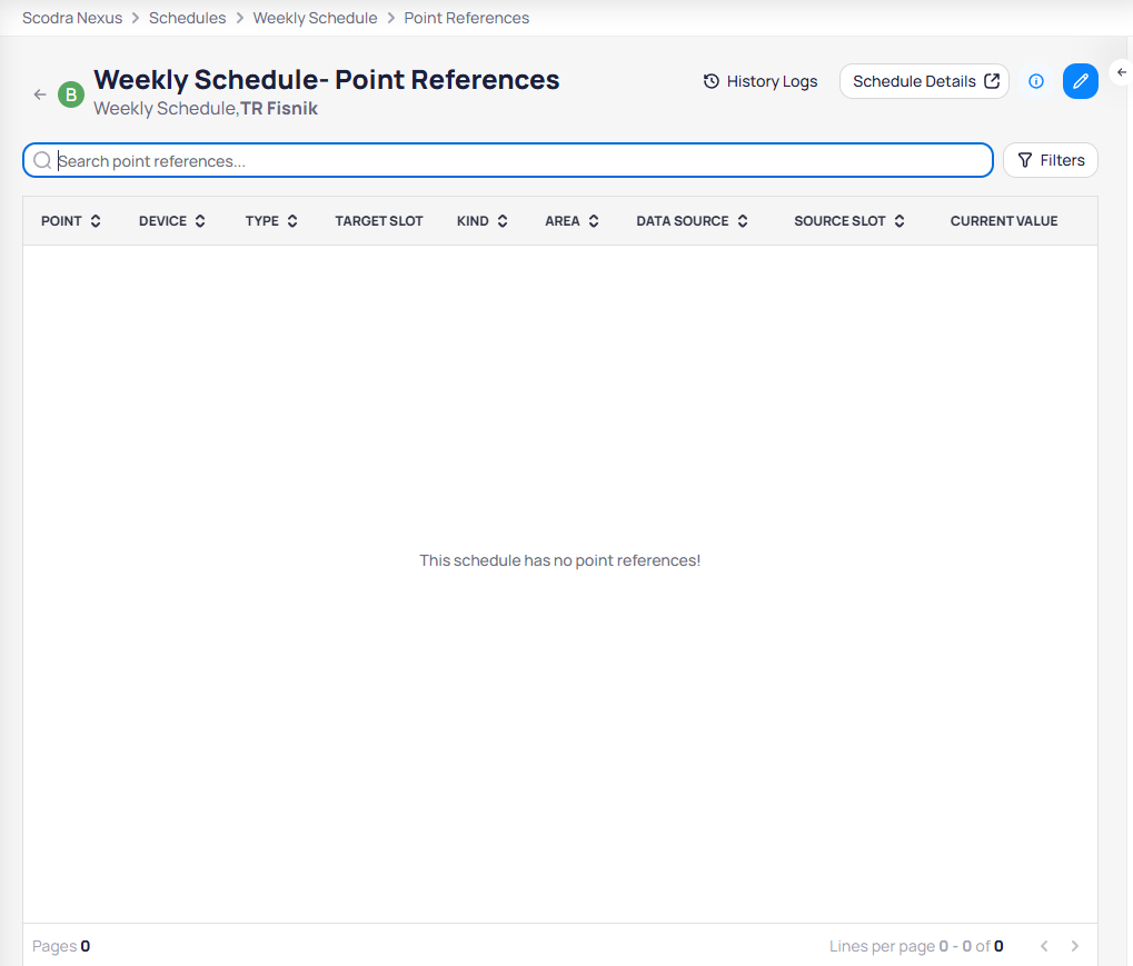Point References page for Weekly Schedule showing a table with Point, Device, Type, Target Slot, Kind, Area, Data Source, Source Slot, and Current Value columns, with a search bar and Filters option