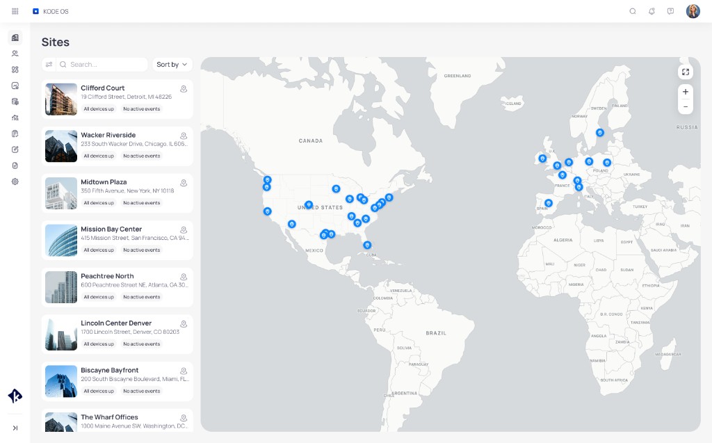 Cloud BMS Sites view with building list and portfolio map