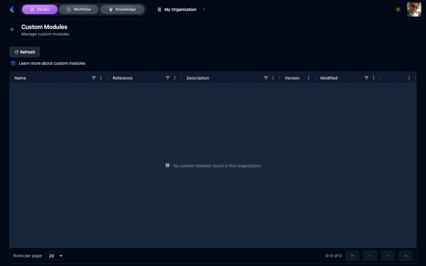 Custom Modules page showing list of deployed modules with names, versions, and status