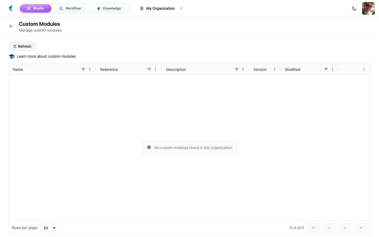 Custom Modules page showing list of deployed modules with names, versions, and status