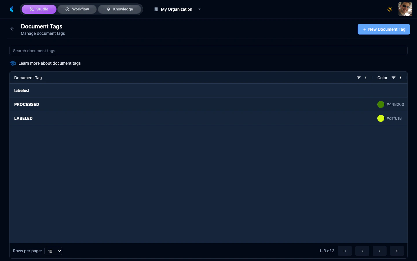 Document Tags page showing list of defined tags with names and colors
