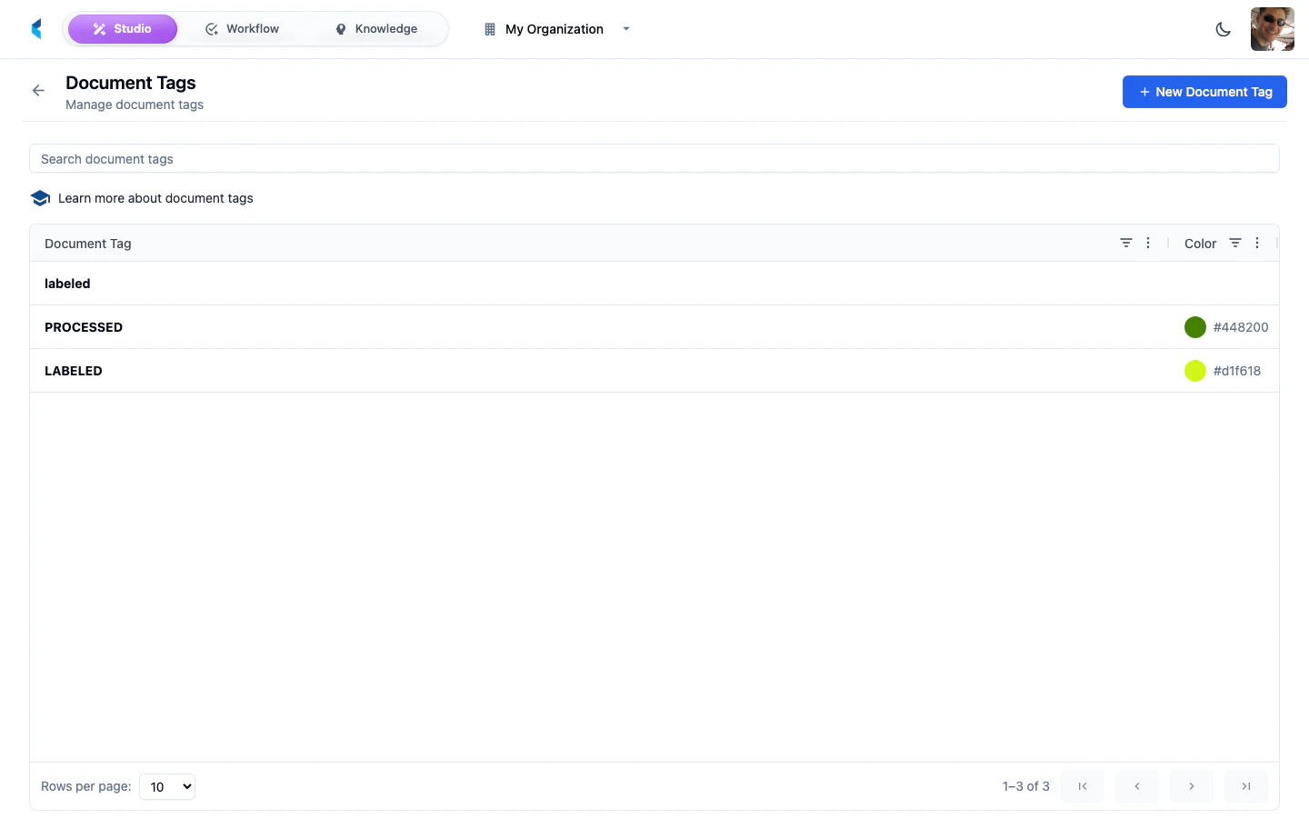 Document Tags page showing list of defined tags with names and colors