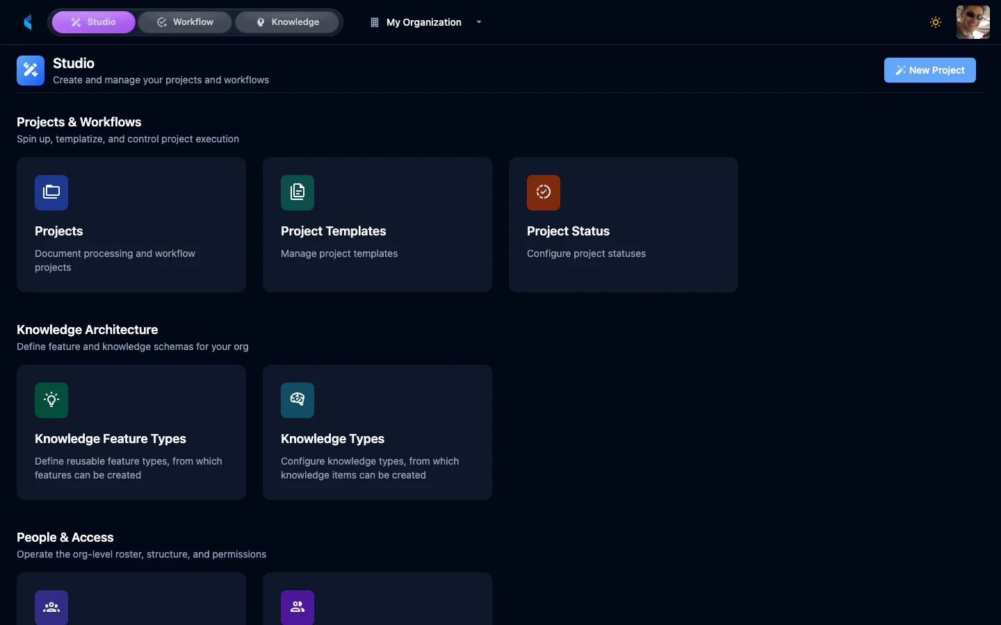 Studio landing page showing the organization home with card groups