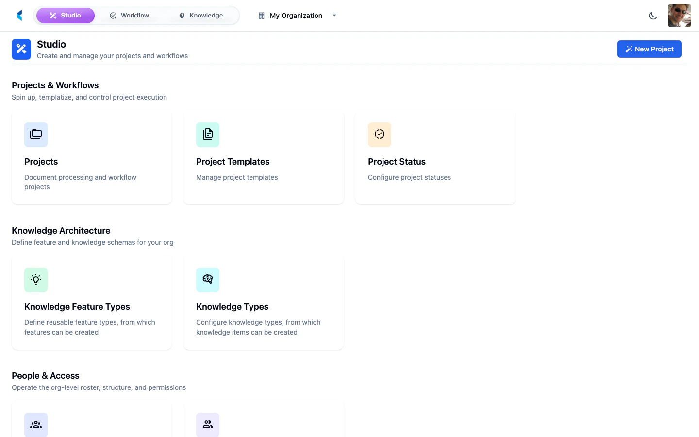 Studio landing page showing the organization home with card groups